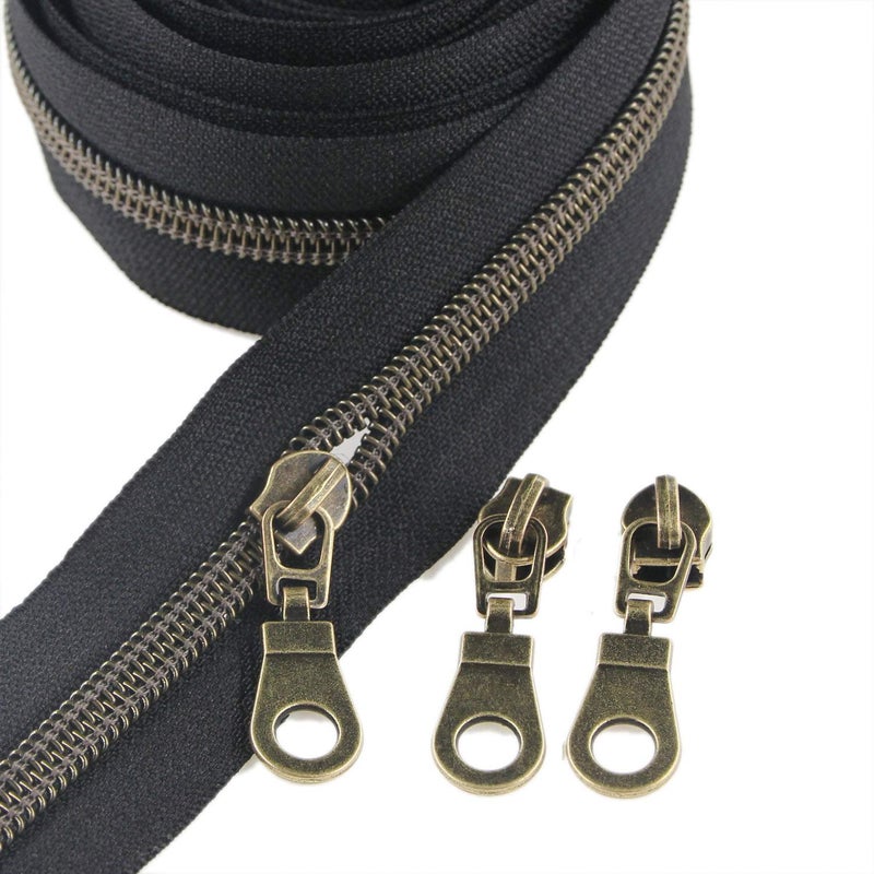 Leekayer #5 Antique Brass Metallic Nylon Coil Zippers by The Yard Bulk 10 Yards Black Zipper Tape with 25pcs Brass Sliders for DIY Sewing Tailor Craft Bag (Black) - Image 2